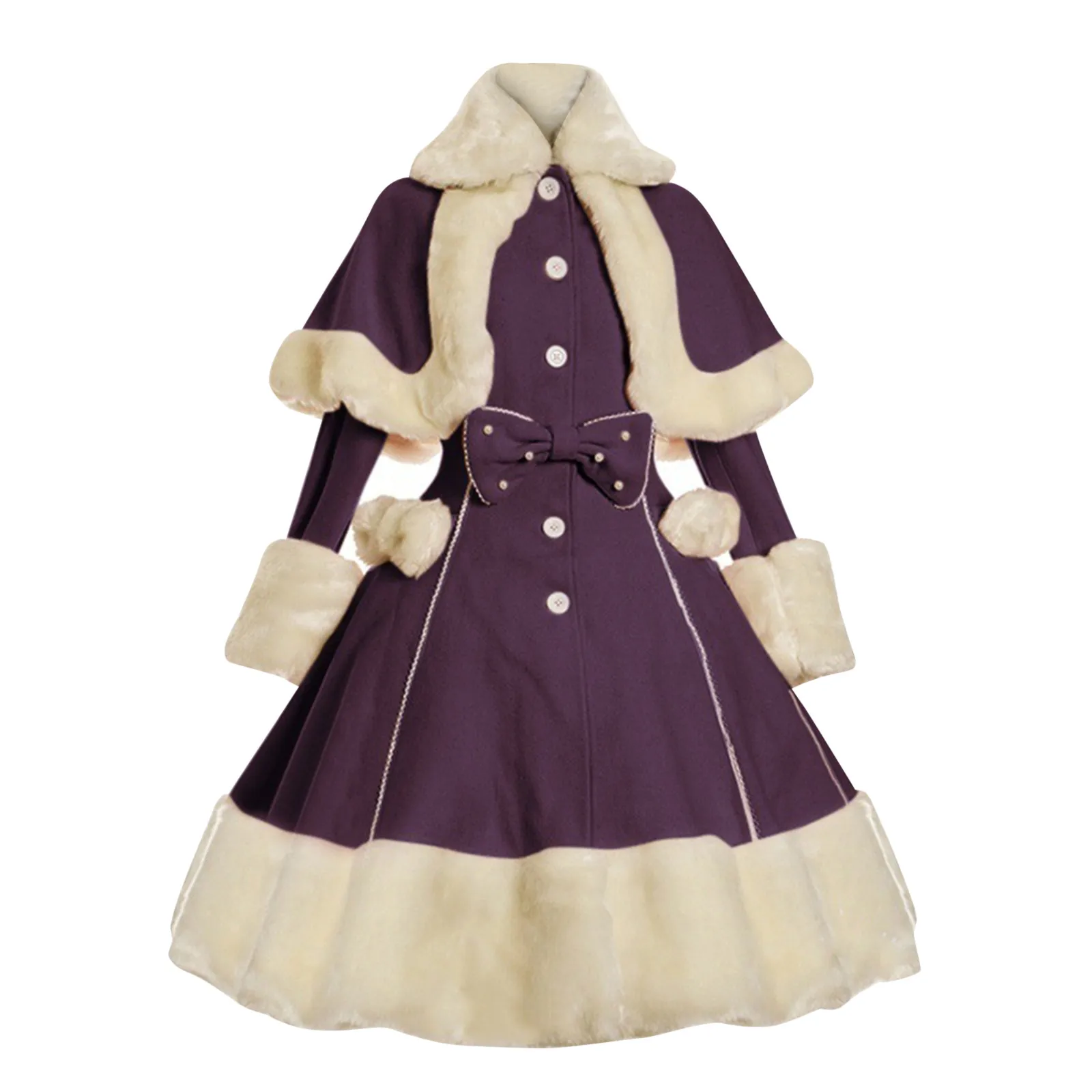 Vintage Gothic Lolita Dress Suit Women Fur Collar Long Sleeves Shawl Cute Single-breasted Winter Warm Thick Bow Dresses