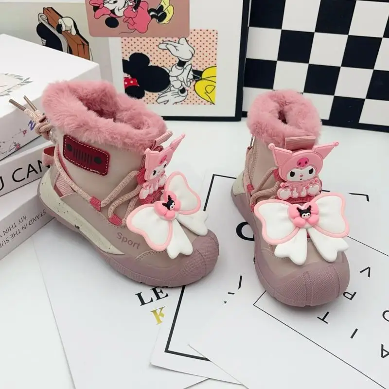 Chaussures en coton à baril moyen pour filles, bottes courtes épaisses Kawaii, chaussures décontractées pour enfants, mode de dessin animé Kuromi, garder au chaud, mignon, nouveau