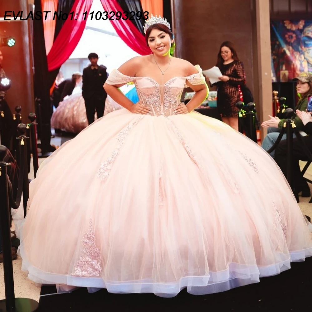 

EVLAST розовое платье принцессы Quinceanera по индивидуальному заказу, бальное платье с кружевной аппликацией и бисером, корсет Sweet 16, Vestidos De 15 Anos E1QN624