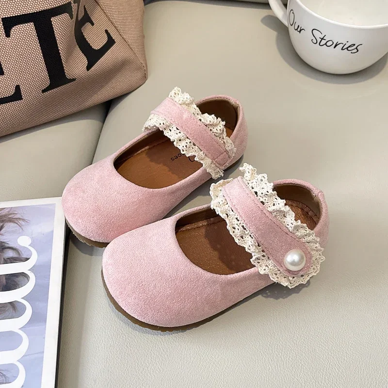 

Elegant Girls Flat Shoes Lace Sweet 2025 Brand New Kids MaryJanes Round Toes Versatile Children Leather Shoes Cute Hook&loop