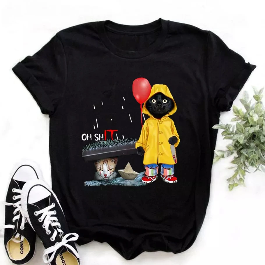 

Fun Black Cat print men's and women's print T-shirt Casual white top Harajuku T-shirt 100% cotton loose T-shirt clothing top
