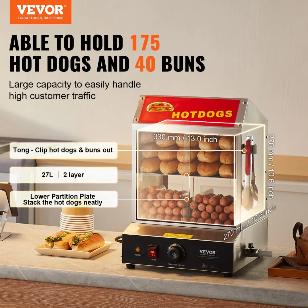 VEVOR 27/37 L 2 Tiers Hot Dog Steamer with Temperature Control Stainless Steel Electric Bun Warmer for Hot Dogs&Buns for Cinema