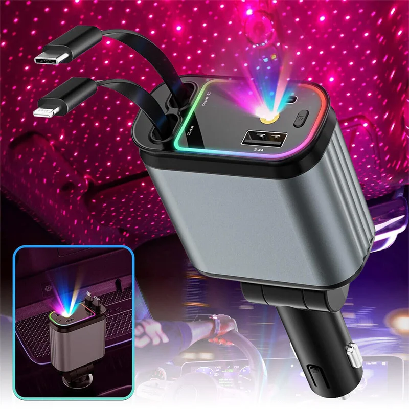 شاحن هاتف سيارة فائق السرعة، شاحن هاتف سيارة بقدرة 100 وات مع كابلات قابلة للسحب ومنفذ USB ومنفذ من النوع C، شاحن سيارة قابل للسحب 4 في 1