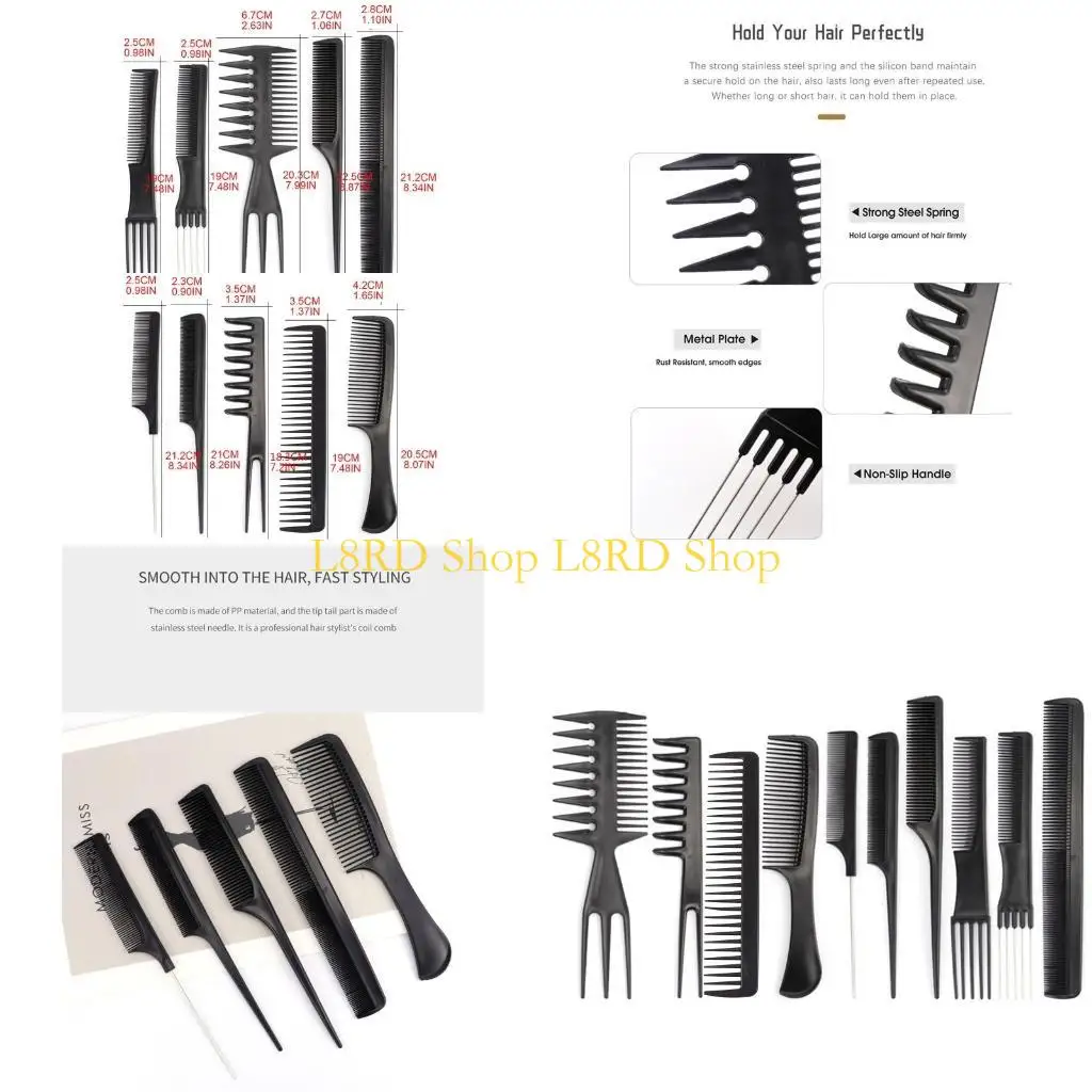 

L8RD 10pcs Hair Cutting Comb Barber Hair Styling Combs Wide Fine Teeth Set Anti Static Hairdressing Tool for Men Women Salon Use