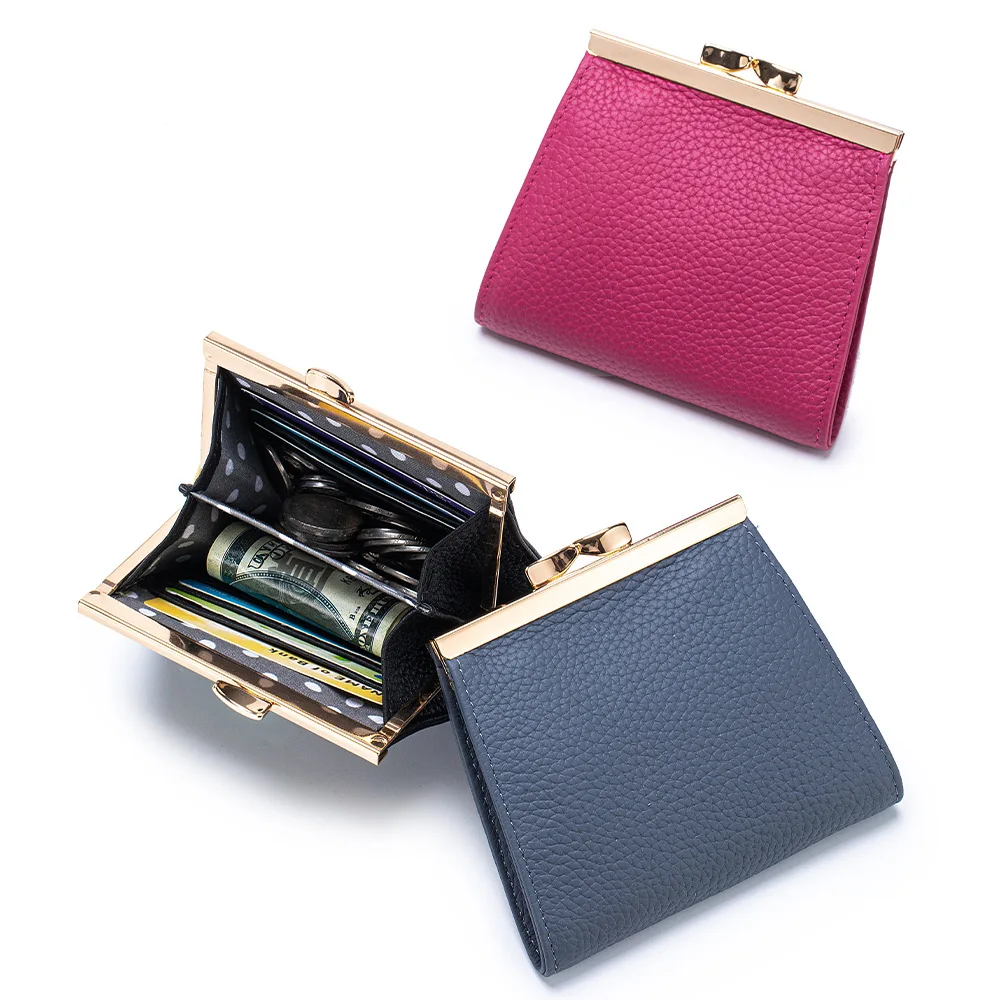Lady Coin Wallet Cowhide Lychee Pattern Compact Coin Purse For Women Genuine Leather Fashion ID Holder Business Card Case