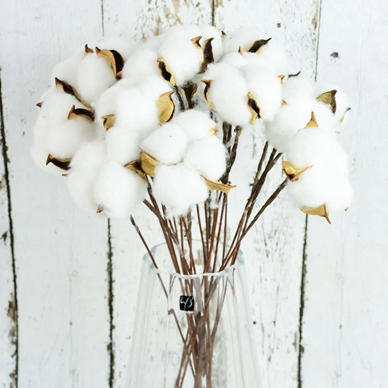 10pcs Natural Dried Cotton White Flower Steel Pole Dry Plants for Wedding Party Decoration Artificial Flower Branch Home Decor