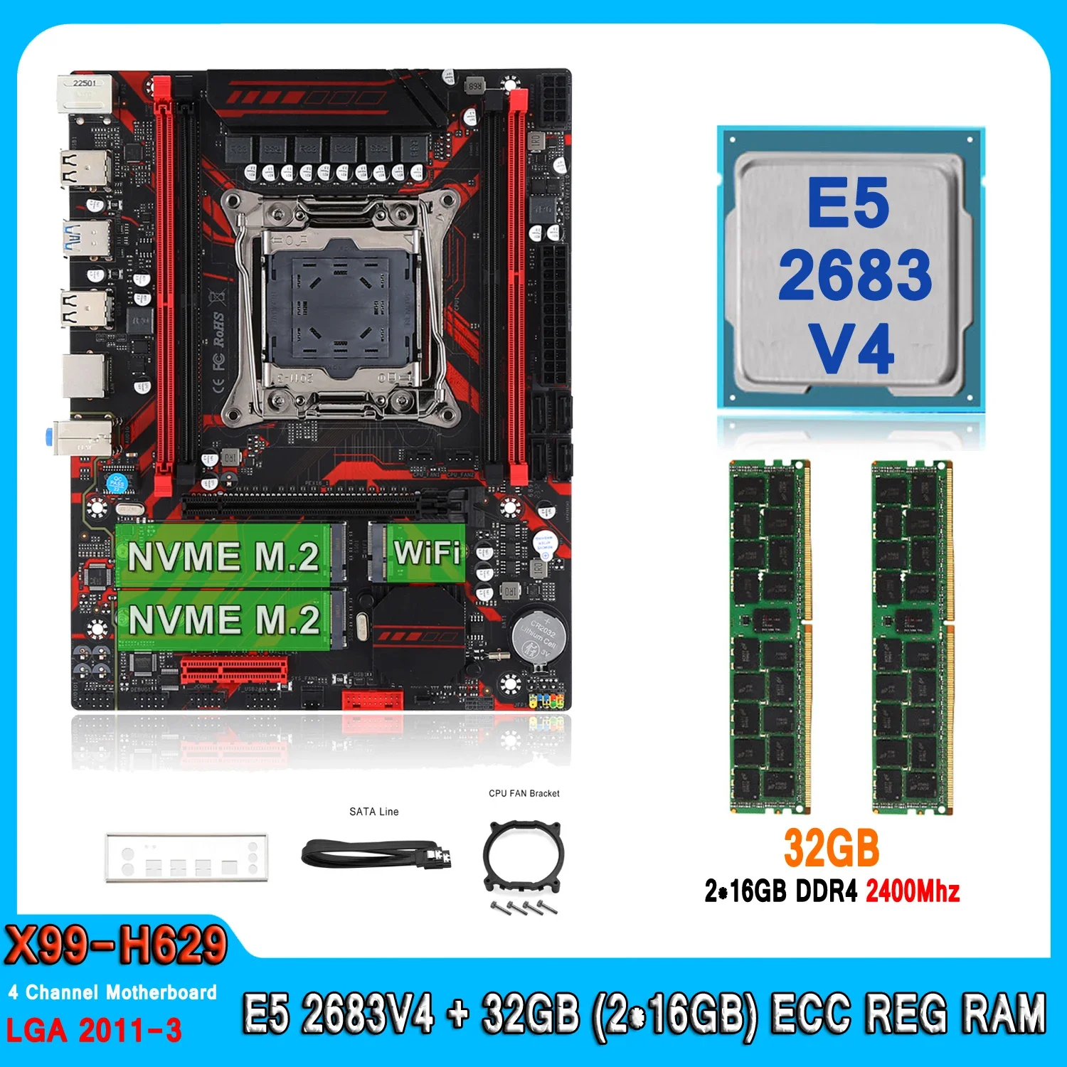 X99 키트 마더보드, LGA 2011-3 세트, E5 2683 V4 프로세서, 32GB(2x16GB) DDR4 2400Mhz 메모리, E5 2683V4, 4 채널 마더보드