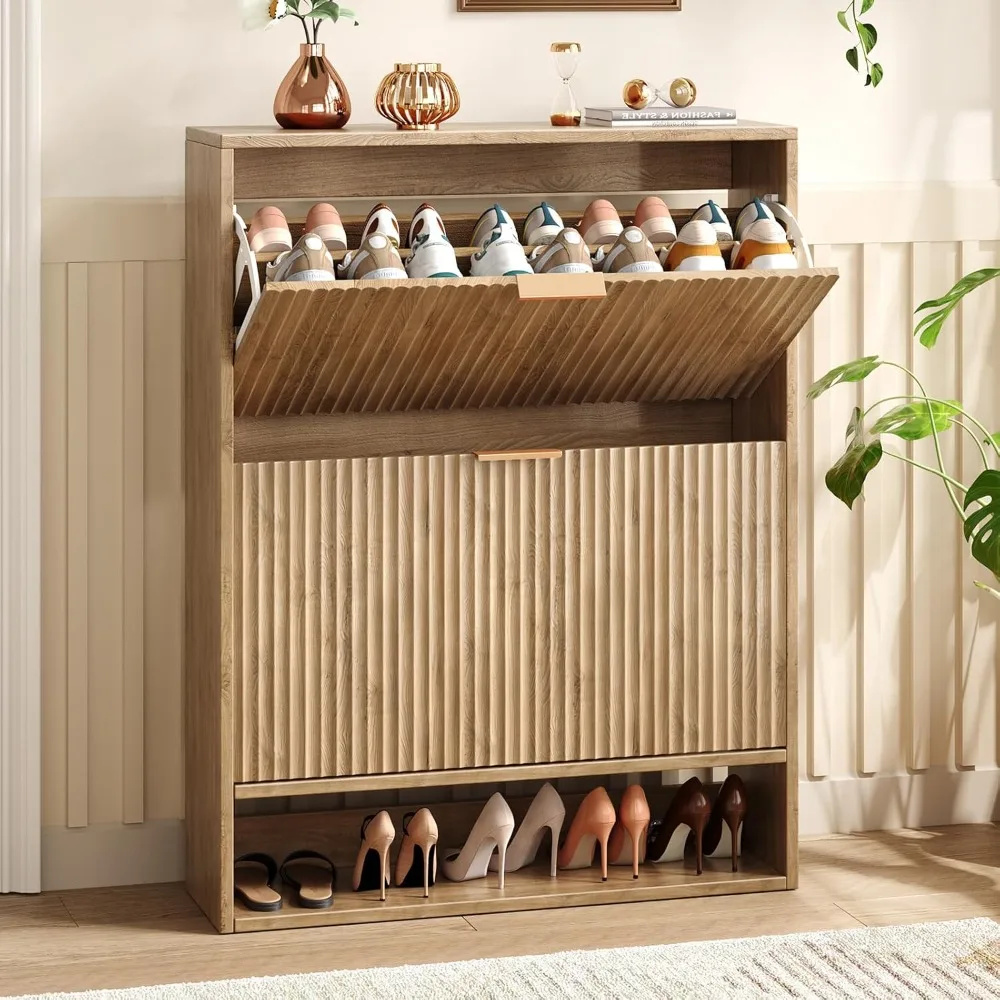 

31.5''w oak shoe storage cabinet for entryway with 2 flip drawers, fluted slim shoe cabinet, free standing wooden shoes organize