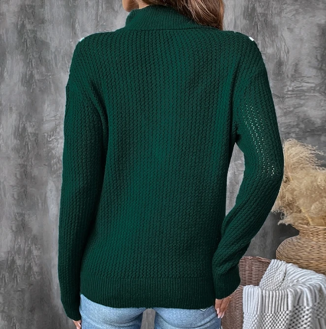 Winter Casual Knitted Pullover Retro Dark Green Turtleneck Sweater Contrasting Temperament Commuting Female Fashion Knitted Top