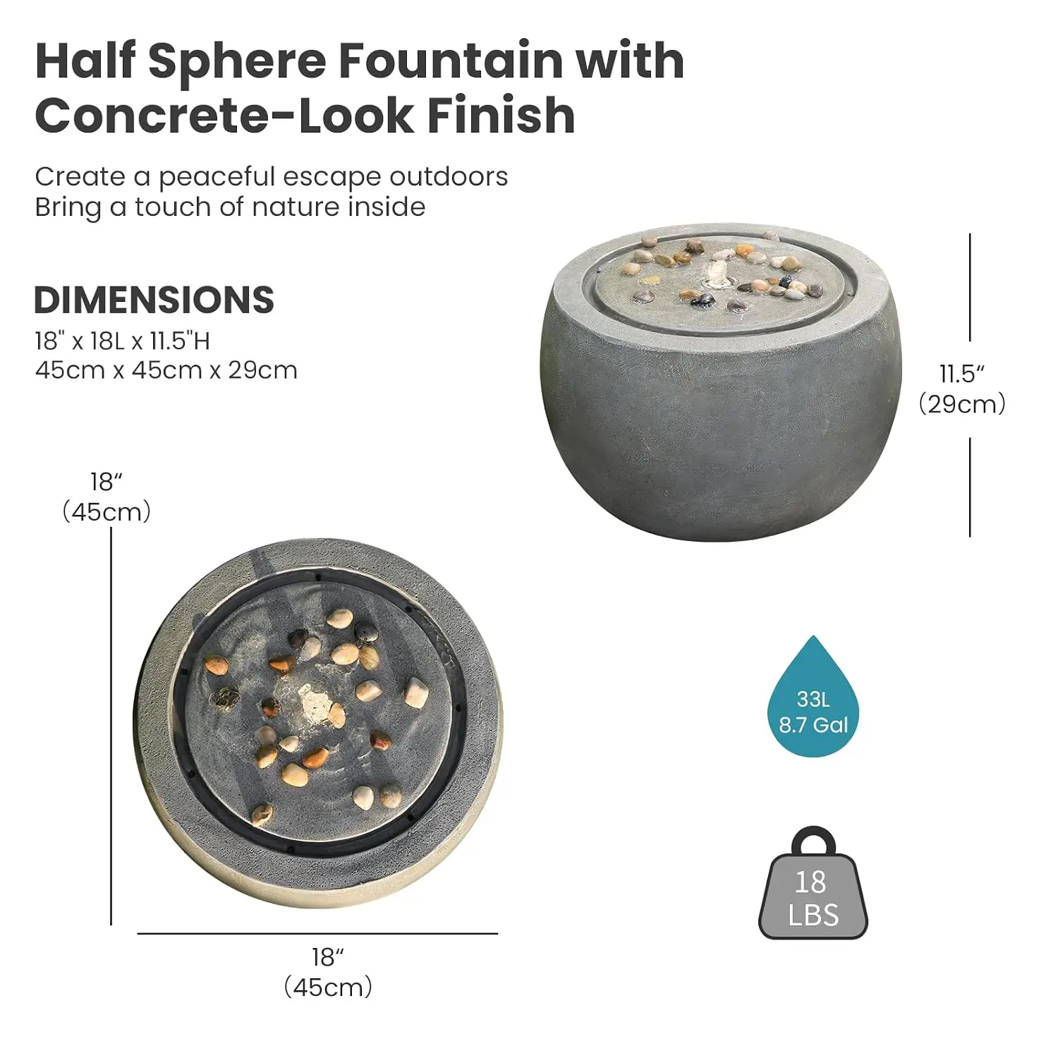 Outdoor Fountain with LED Lights & Pump, Concrete Bubbler Waterfall for Patio Yard Decor, 18