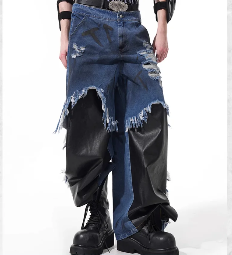 Gefälschte zweiteilige Patchwork-Jeans für Herren, Sommer, handbemalte Buchstaben, schmutzige Farbstoffe, raue Kanten, zerrissene Löcher, Hose mit geradem Bein