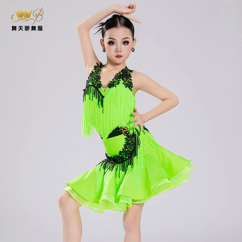 

Latin dance costume, female children's standard training uniform, performing professional competition tassel dance dress