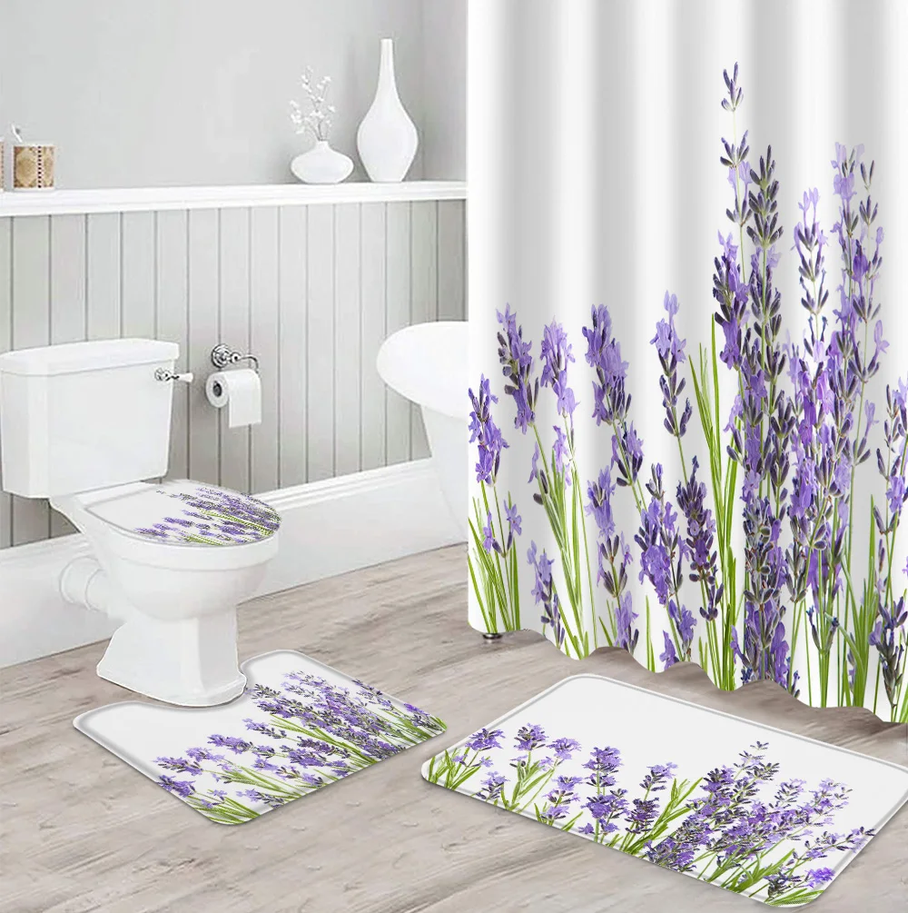 Purple Lavender Shower Curtain Sets Non-Slip Rugs Toilet Lid Cover and Bath Mat Waterproof Bathroom Curtains