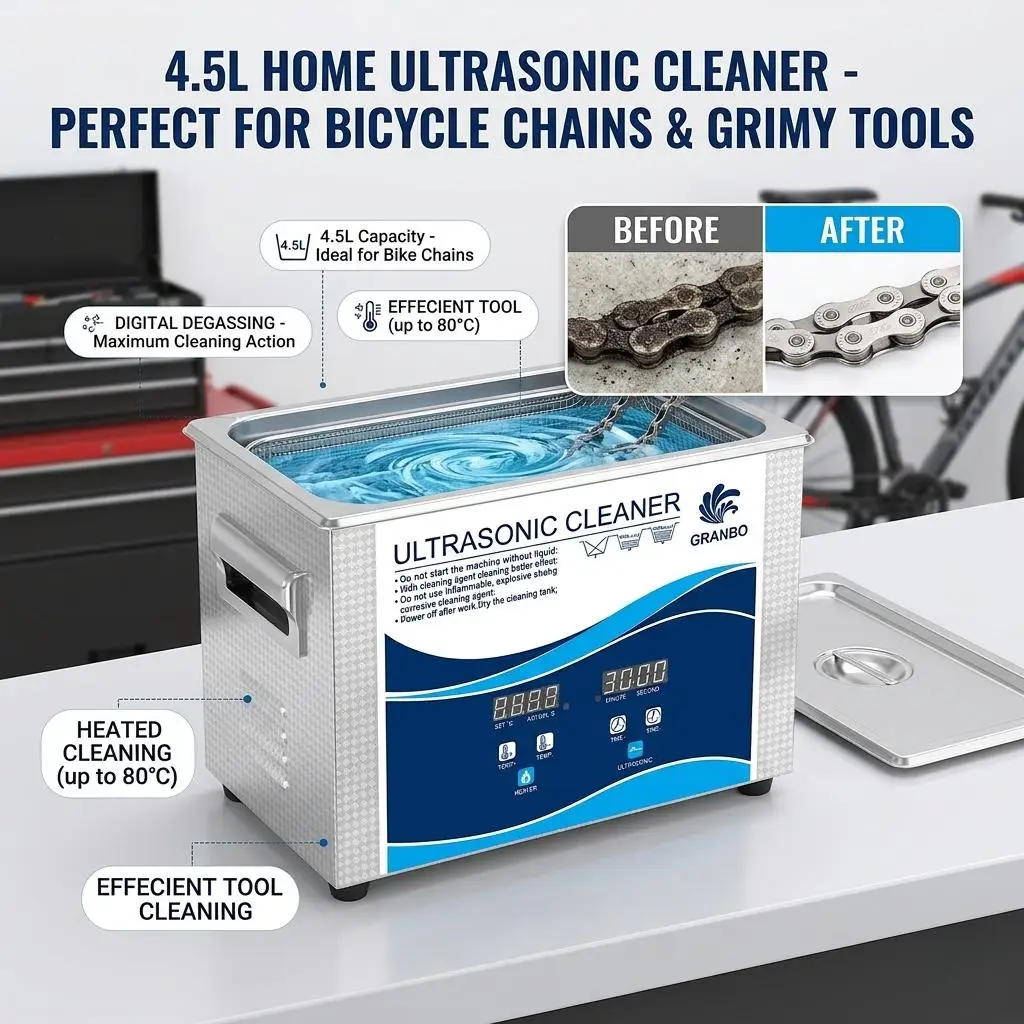 

Granbosonic 4.5L Ultrasonic Cleaner 180W Digital Display with Heater Timer Degass 40KHz for Dental 3D Models Lab Instruments