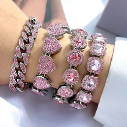 Iced Out Pink Rhinestone Paved Heart Cuban Chain Bracelet for Women Bling Chunky Tennis Chain Bracelets Fashion Hiphop Jewelry