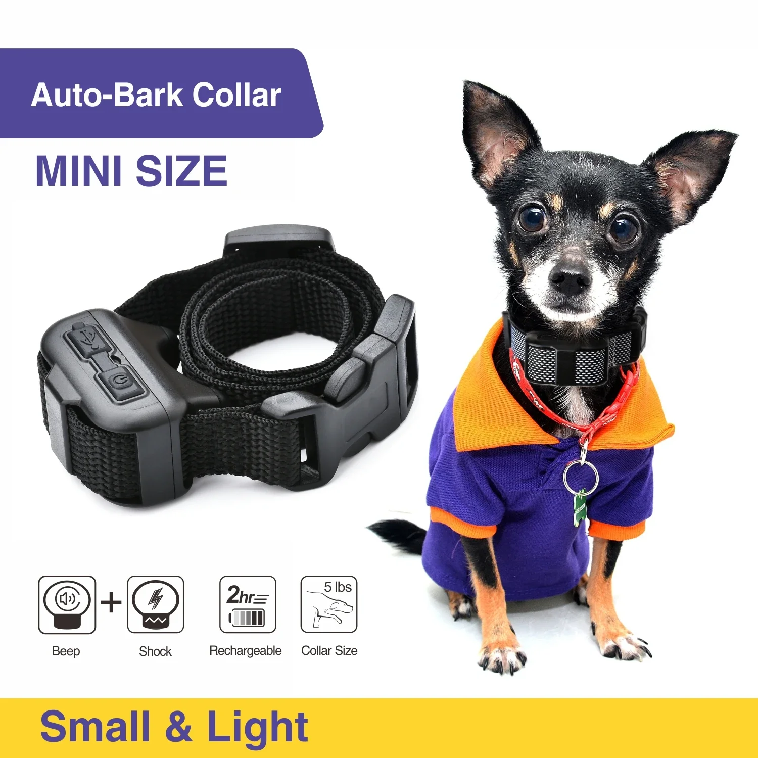 

Small Dog Auto Bark Collar Rechargeable Dog Training Electric Collar Dog Puppy Bark Anti For with Mode No Shock Control