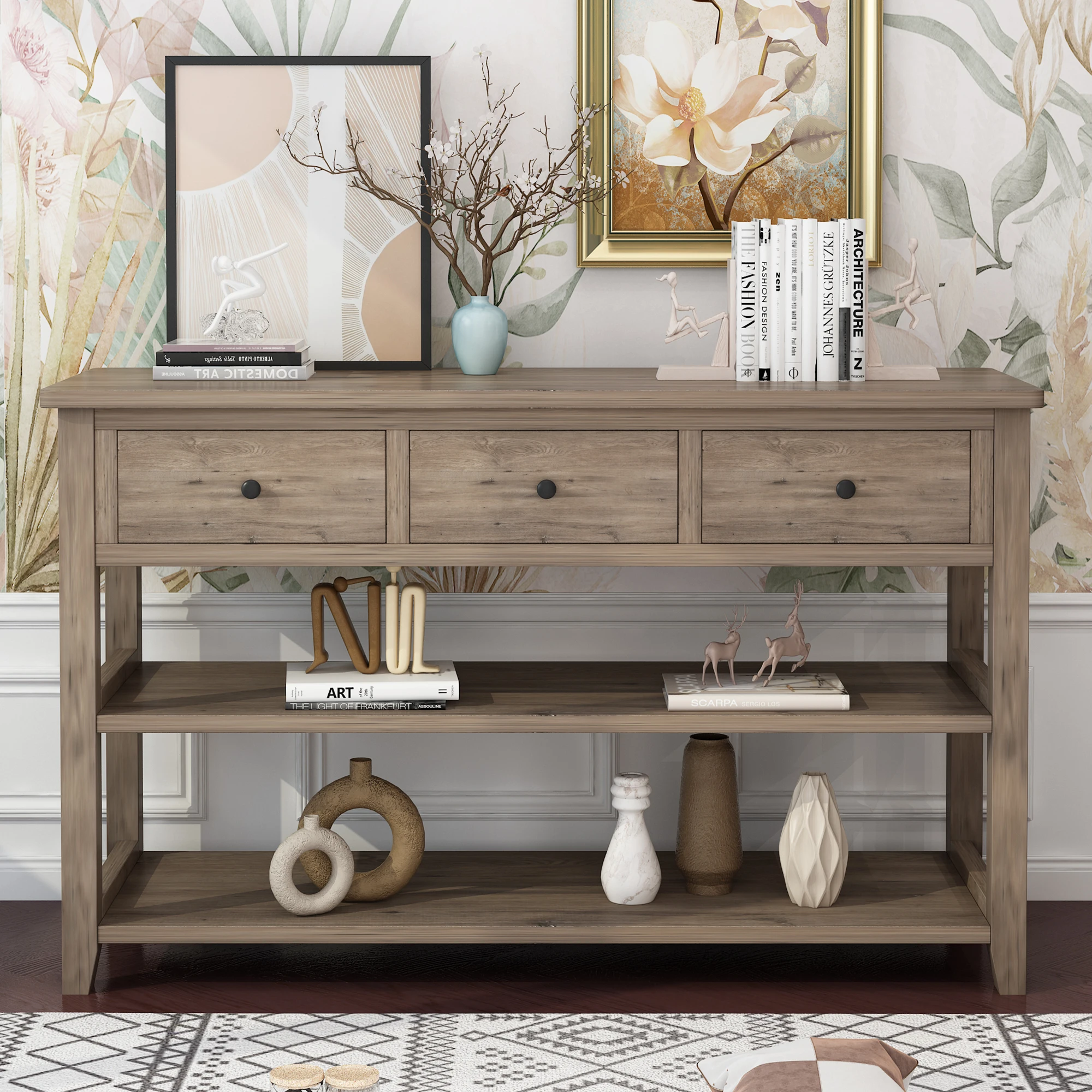 Console Table with Wood Frame and Legs, Sofa Table Entryway Table with 3 Drawers and 2 Open Shelves Wash Gray