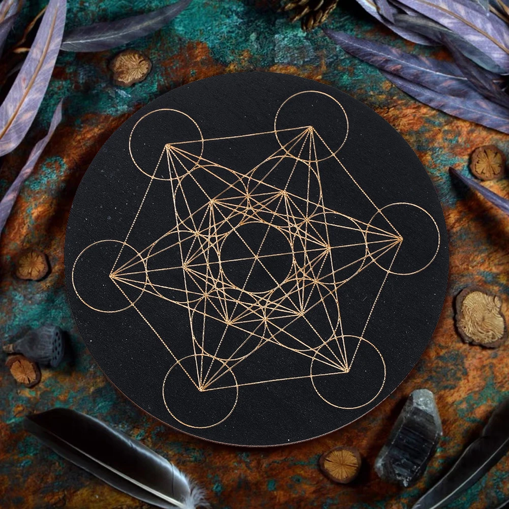 10CM Black Metatron Crystal Array Base Natural Solid Wood Geometric Carving Ornament Placemats Coasters Art Crafts