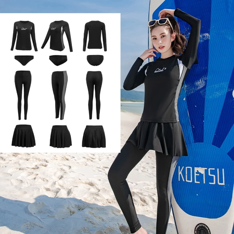 

Two-Piece Rash Guards 4PCS Long Sleeve Rashguards Women Patchwork Swimwear Skirt Swimsuit Belly Control Protection Wetsuit