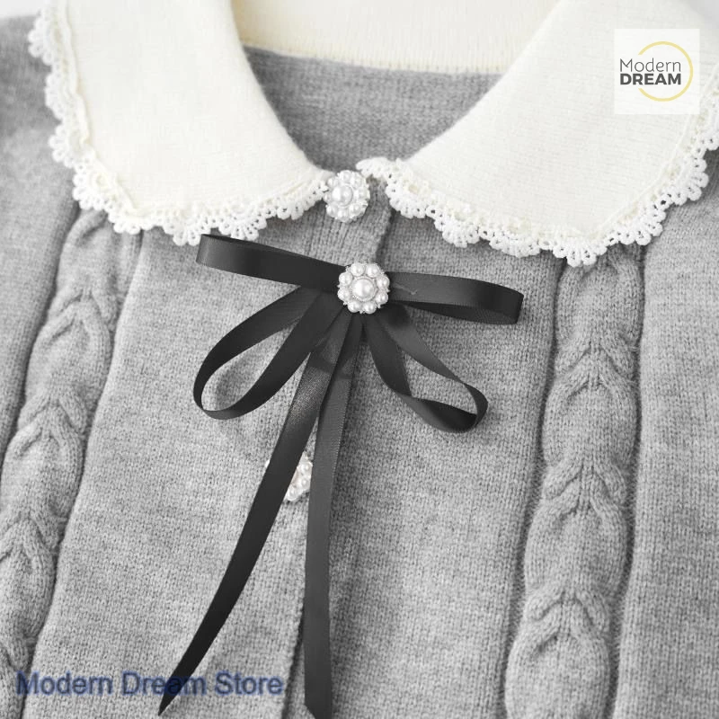 French style sweet and lovely gray sweater doll collar cardigan women's autumn and winter new long-sleeved lace bow casual top 4