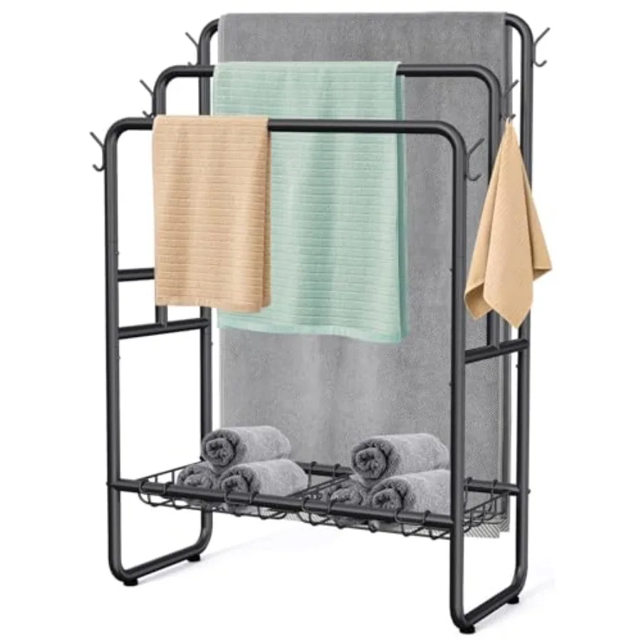 

40" H Towel Rack Freestanding 3-Tier Bath Towel Holder Stand with Storage Baskets and Hooks Blanket Drying and Display Rack for