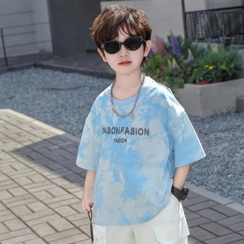 

Хлопковая футболка с коротким рукавом, летняя, с принтом тай-дай, уличная повседневная одежда, свободный крой, детская одежда, модный базовый слой с принтом ​