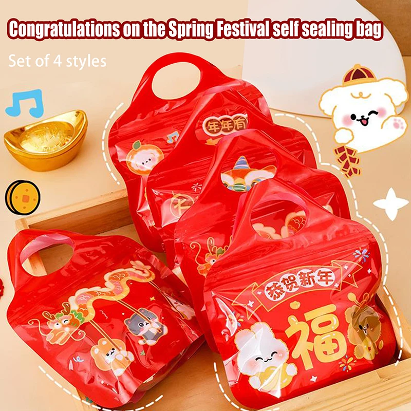 4 Styles/Set New Year Red Gift Bag Candy Chocolate Cookie Nougat Biscuit Packing Ziplock Bag Cute Lucky Spring Festival Gift Bag