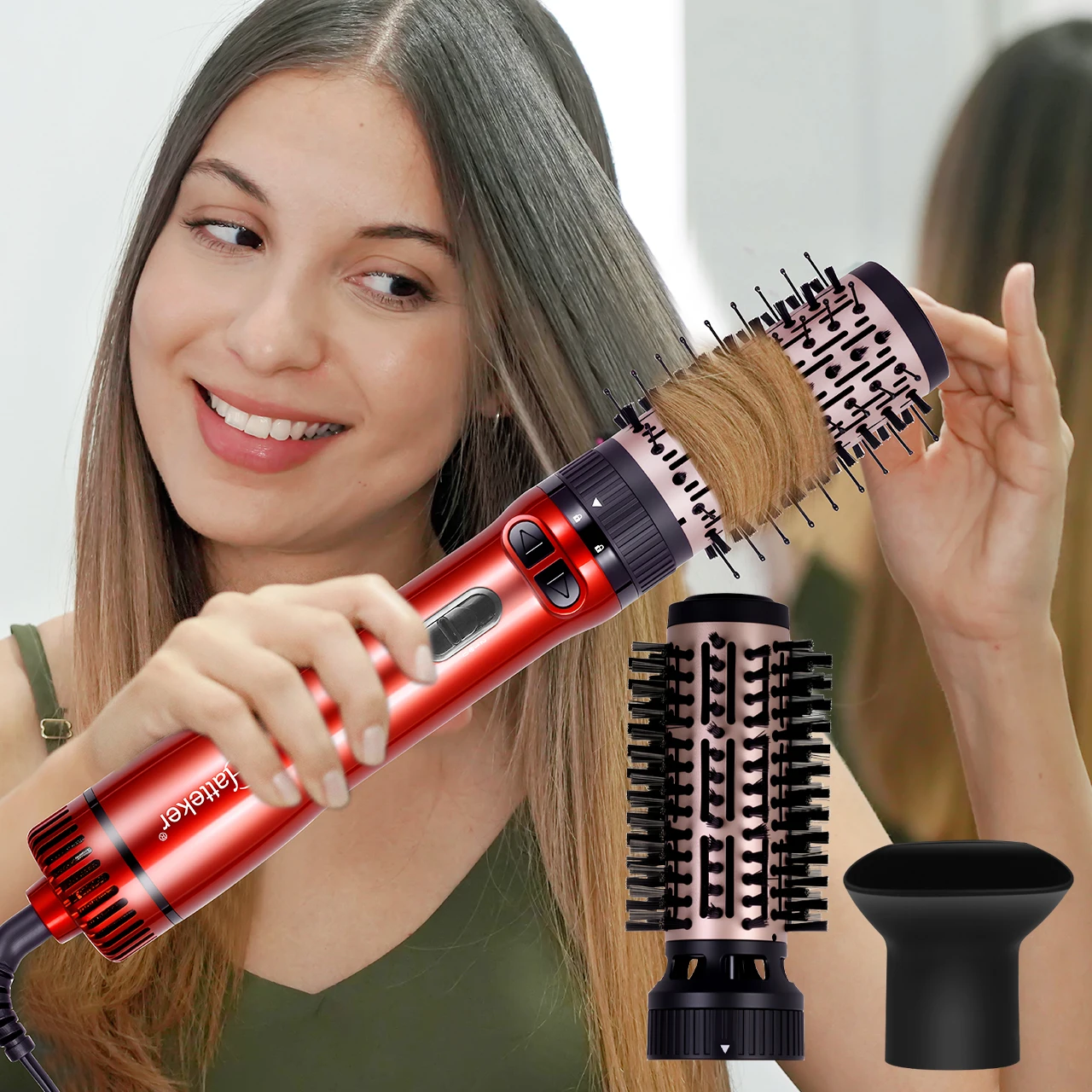Hatteker EU 3-Kopf Heißluftbürste Haartrockner mit starkem Luftstrom, elektrischer Glätter, Lockenwickler, Roller, Kamm, Föhn, Styling-Tool für Frauen – Detail 3