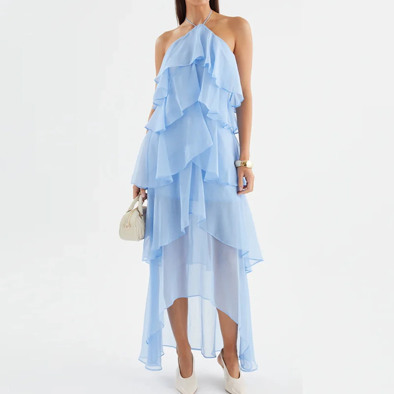 Temperamento vestido casual sexy sem costas floral impressão babados halter vestido elegante feminino sem mangas oco para fora bohe vestido de férias