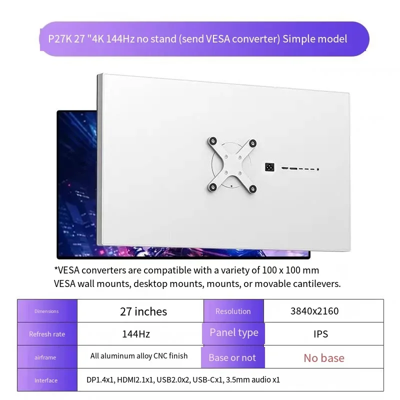 Ekran 27" 3840*2160 4k 144HZ Wyświetlacz IPS HDMI2.0+DP1.4+USB2.0 Monitor matowy ekran 27 cali Type-c 144HZ Aluminium P27k KUYCON