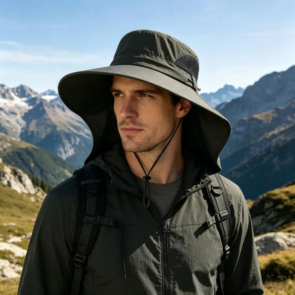 

Windproof Rope Mountaineering Hat Wide Brim UV Protection Breathable Mesh Adjustable Outdoor Fishing Hiking Camping