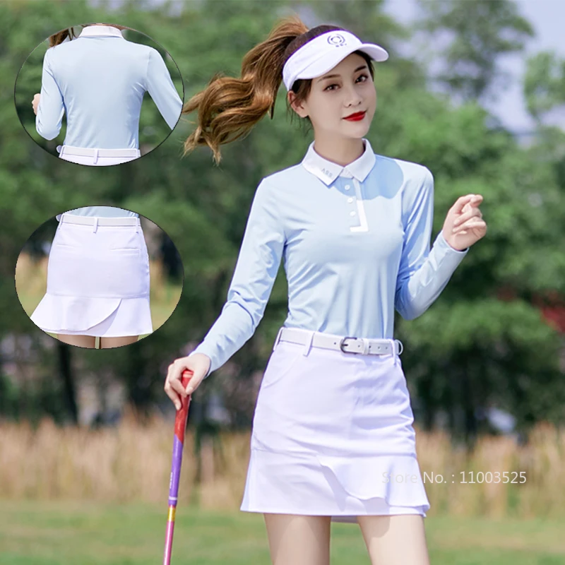 

SSV Golf Elastic Long Sleeve Shirt Women Polo Neck Golf T-shirt Lady Golf Pencil Skort Ruffle High Waist Skorts Tennis Clothing