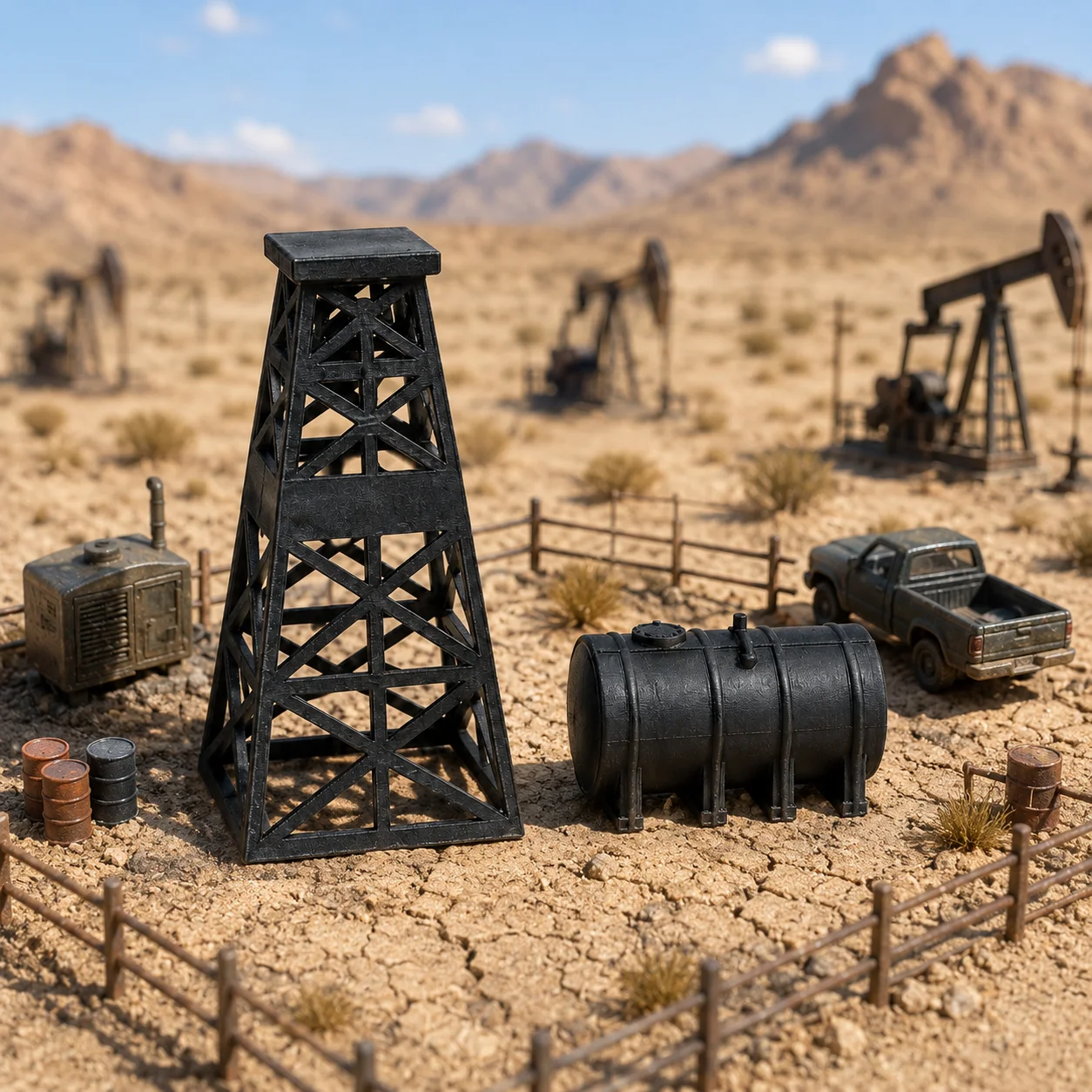 Miniature Oil Well Frame Oil Storage Barrel Set, Mini Industrial Petroleum Equipment Model, Collection for Miniature Enthusiasts view 3