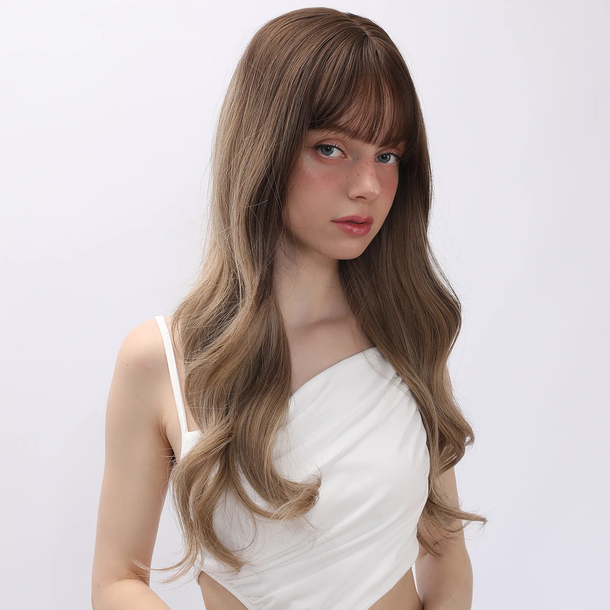 Smilco Long Wavy Brown Wigs With Straight Bangs For Women Cosplay Party Daily Cosplay Synthetic Fake Hair Heat Resistant Wig