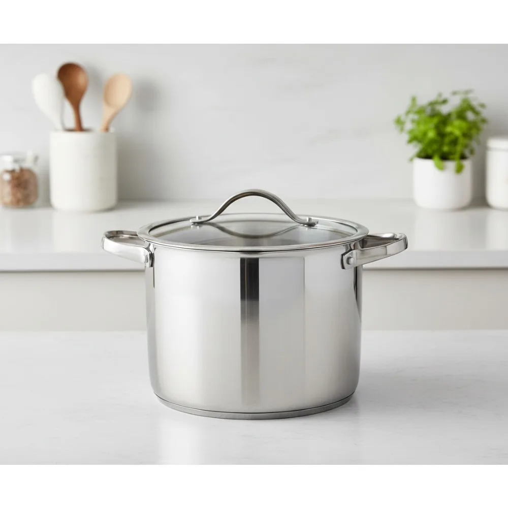 

Premium 8-Quart Stainless Steel Stock Pot with Glass Lid - Induction Ready, Oven & Dishwasher Safe for Family Cooking