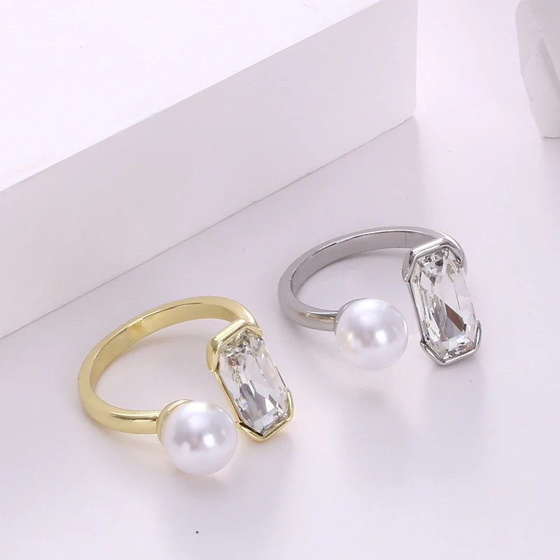 Shaped High Highlight Crystal Open Ring Simple Hand Jewelry High Purity White Pearl With Stone Comfortable Wear