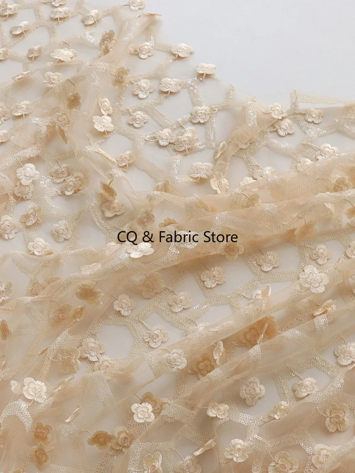 Piccolo ricamo floreale 3D albicocca, tessuto a rete con paillettes Tessuto di design fatto a mano per abiti da sposa e da sera fai-da-te tagliato a misura