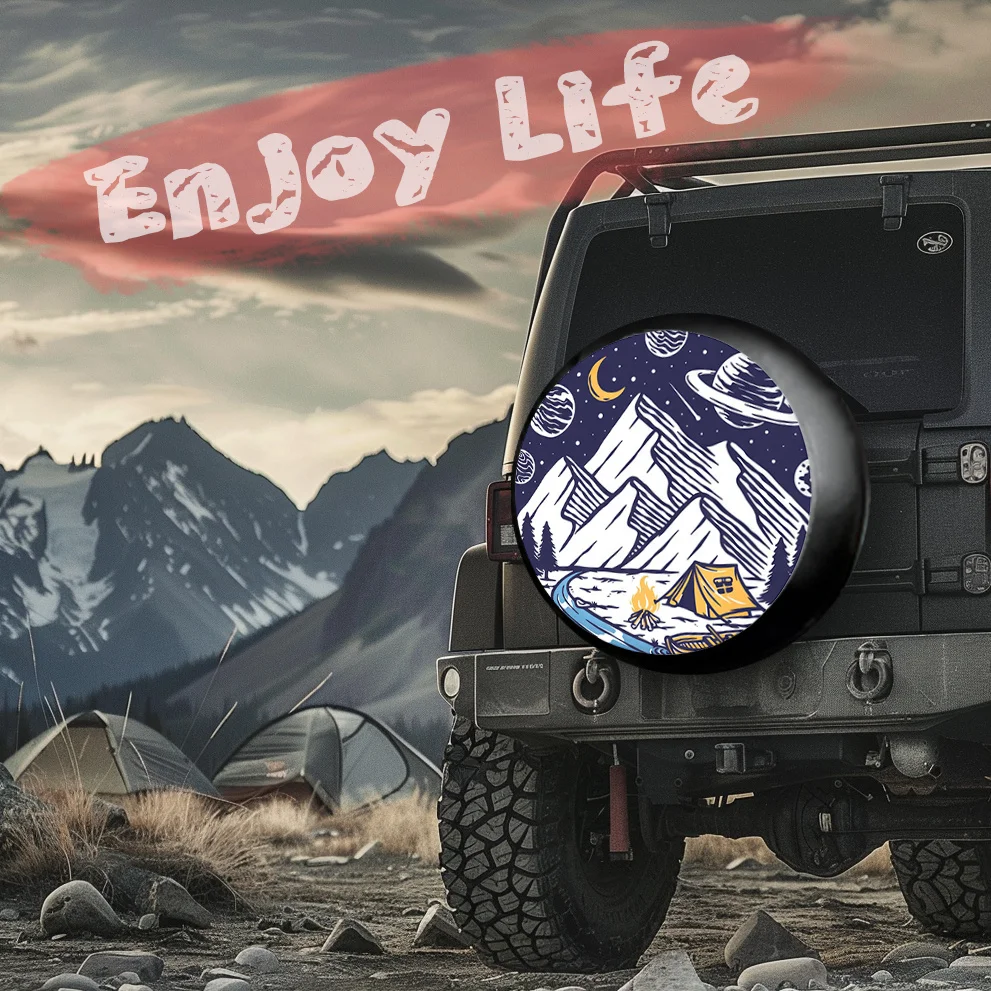 Mountain Camping Theme Polyester Tire Cover For Truck, SUV, Trailer, RV - Wheel Protector, 15 Inch Spare Tire Cover