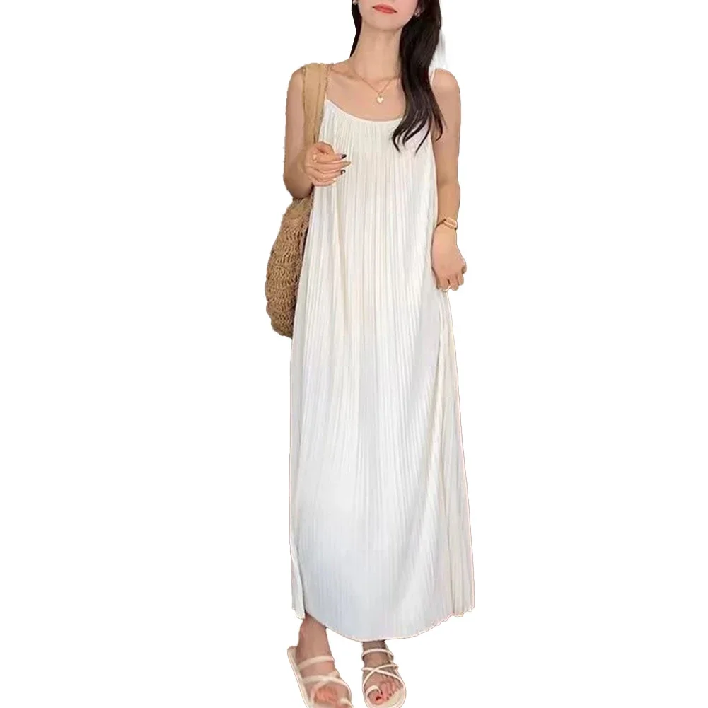 Pleated Chiffon Suspended Dress Women Summer New Elegant Casual Korean Fashion Spaghetti Strap Long Comfortable Dress