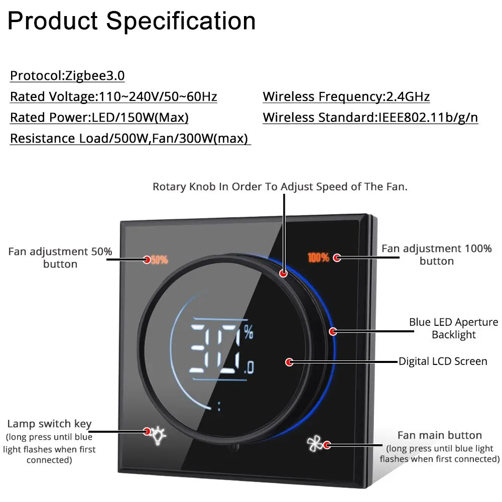 Imagem -04 - Interruptor de Luz Inteligente Zigbee com Botão Controlador de Ventilador Wifi Painel de Vidro Wi-fi 300w Max. ac 110240v Lcd Digital para Lâmpada de Ventilador de Teto