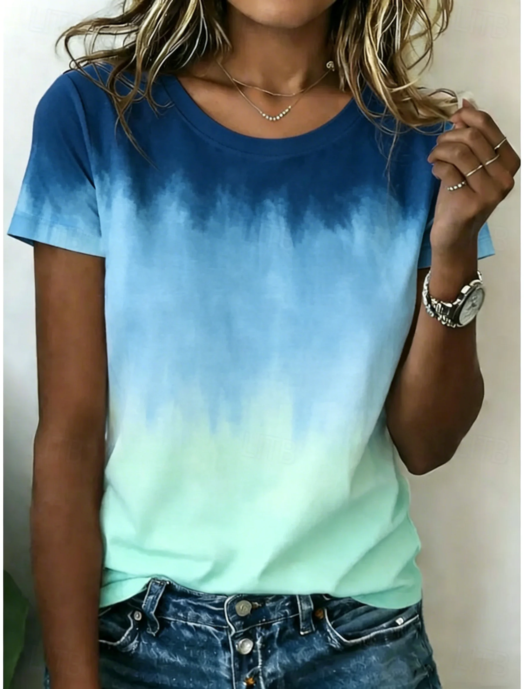 Women's Ombre Tie Dye Gradient Round Neck T-Shirt, Short Sleeve Casual Tops, Blue to Green Daily Wear for Spring & Summer