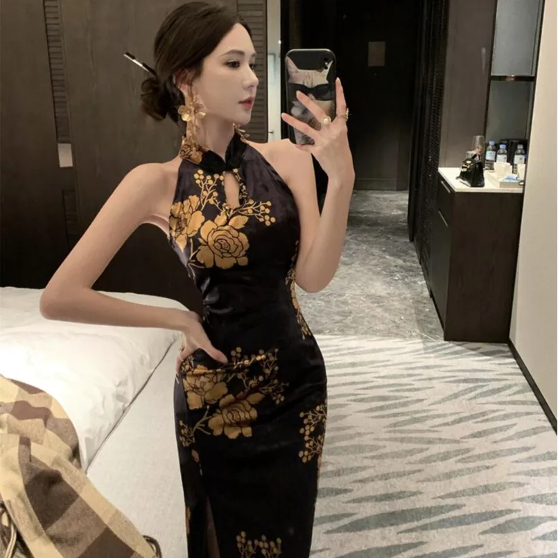 

Новое китайское сексуальное бархатное платье-ципао с разрезом и завышенной талией средней длины для женщин, новинка осеннего сезона