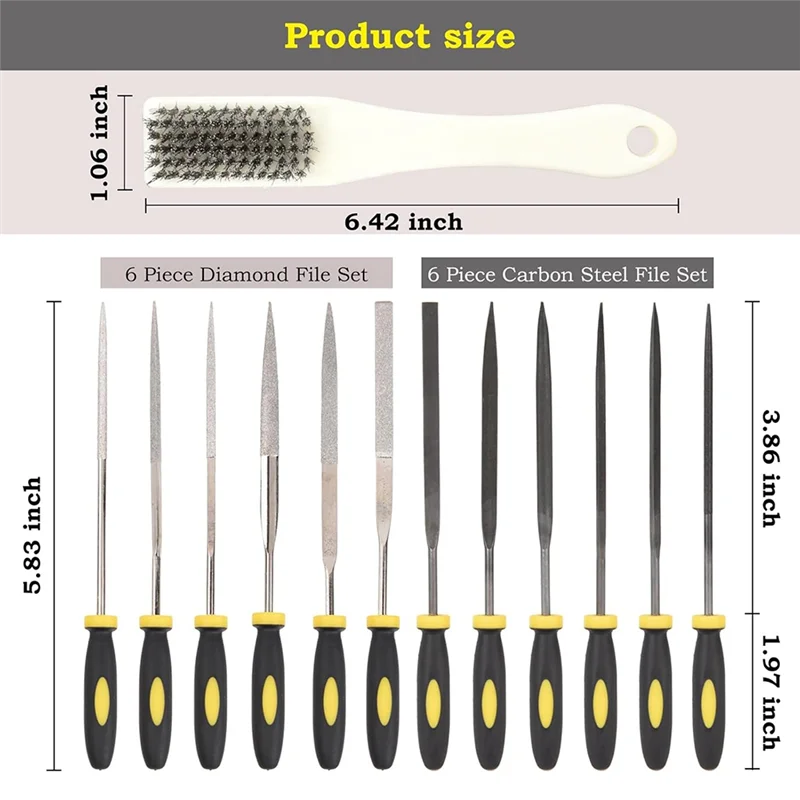 【Popular】13PCS Needle Files Set,6 Diamond Files & 6 Steel File Sets And Cleaning Brush & Case With Handle