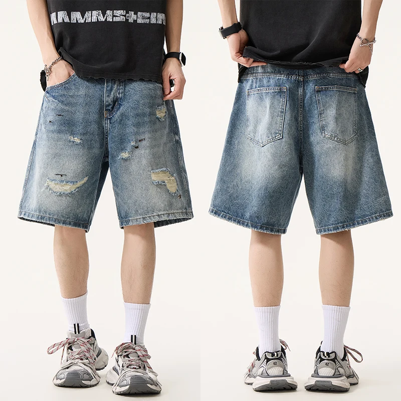 

Men's Japanese Streetwear Ripped Splatter Print Denim Shorts Summer New Loose Casual Five-Point Jean Shorts Distressed