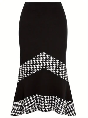 Women's Skirt Mermaid Mid-Calf Long Skirts Vintage  High Waist Houndstooth Color Block Bodycon Pencil Sheath Skirt