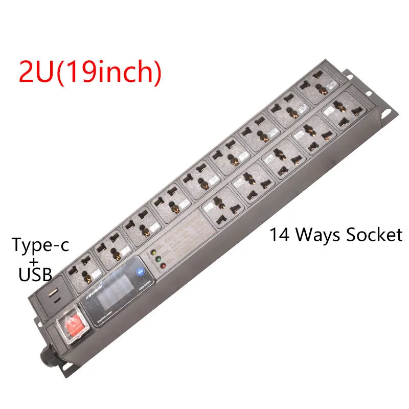 PDU Power Strip 19inch 2U Rack Mount Digital meter 14 Way socket  Surge Protector Grounding Type-C+USB Switch 2meter Cord