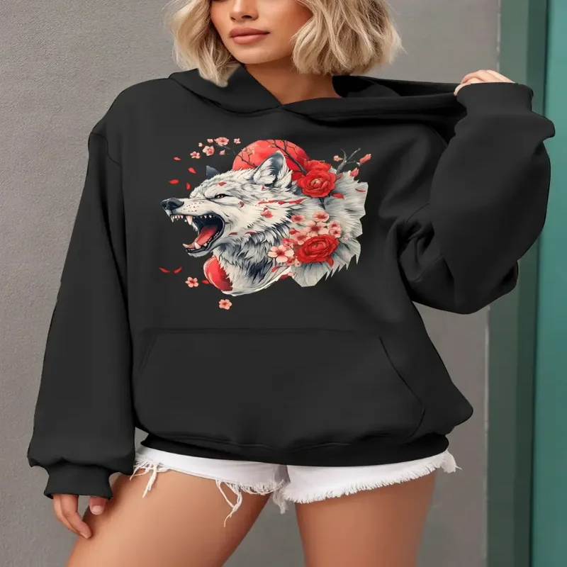 

Long Sleeve Hoodie Casual Pullover With Wolf Floral Print Cozy Pocket Daily Wear Perfect For Womens Autumn And Winter Seasons
