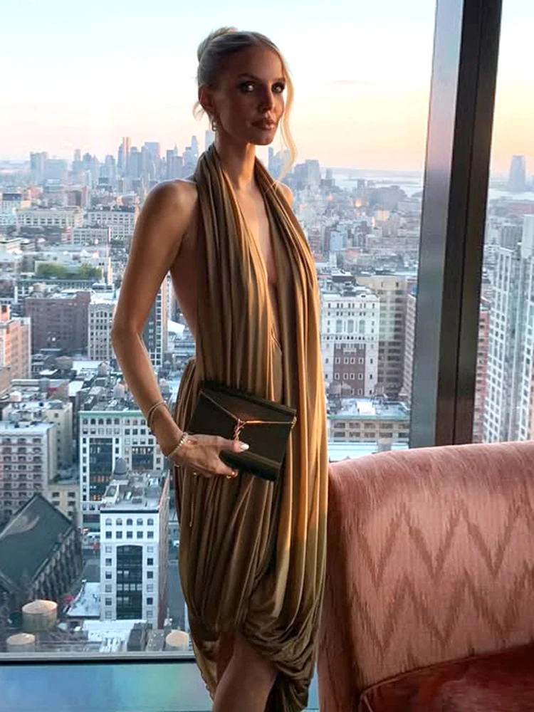 Nibber froncé licou robe Maxi femmes sans manches dos nu ourlet irrégulier solide vacances classique base bal fête élégante robes