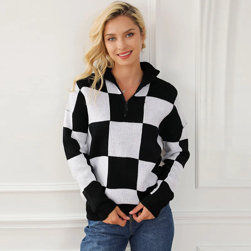 2024 Autumn Women's Plaid Oversized Pullover Sweater with Zipper and Turn-down Collar Casual Knit Top