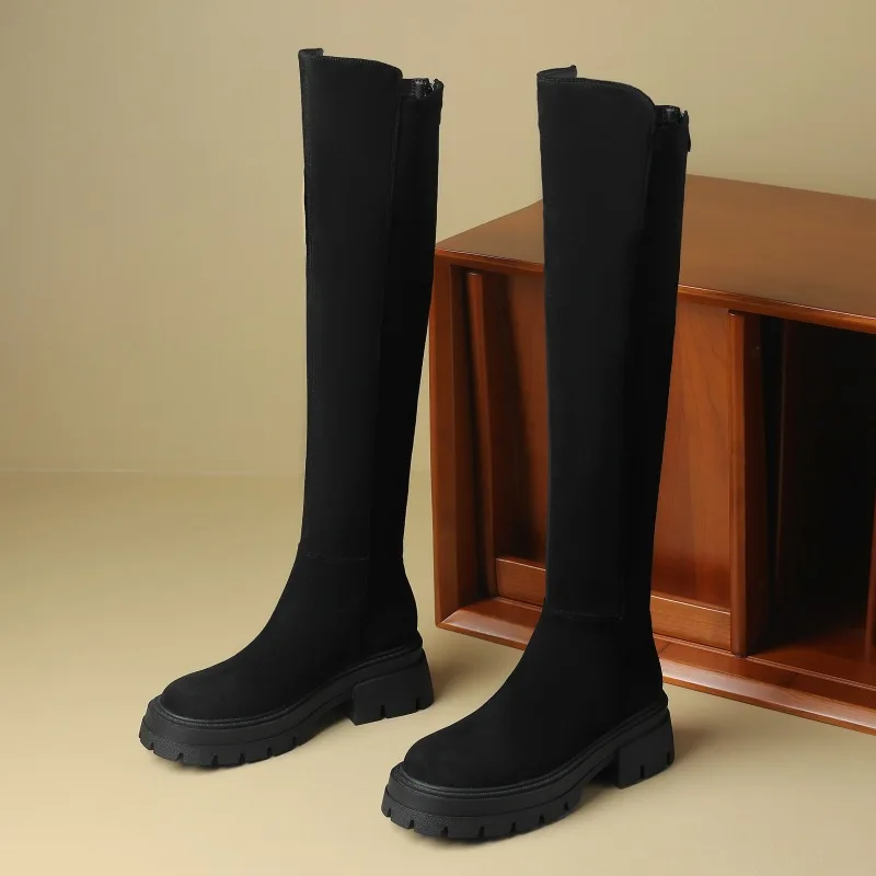 Botas elásticas espessadas de lã feminina, botas plataforma impermeáveis, zíper traseiro com veludo, manga alta, botas sobre o joelho, novo, inverno, 2023